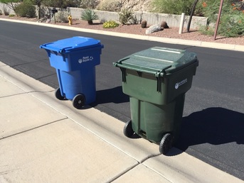 Two bins in the street at the curb, about four feet apart